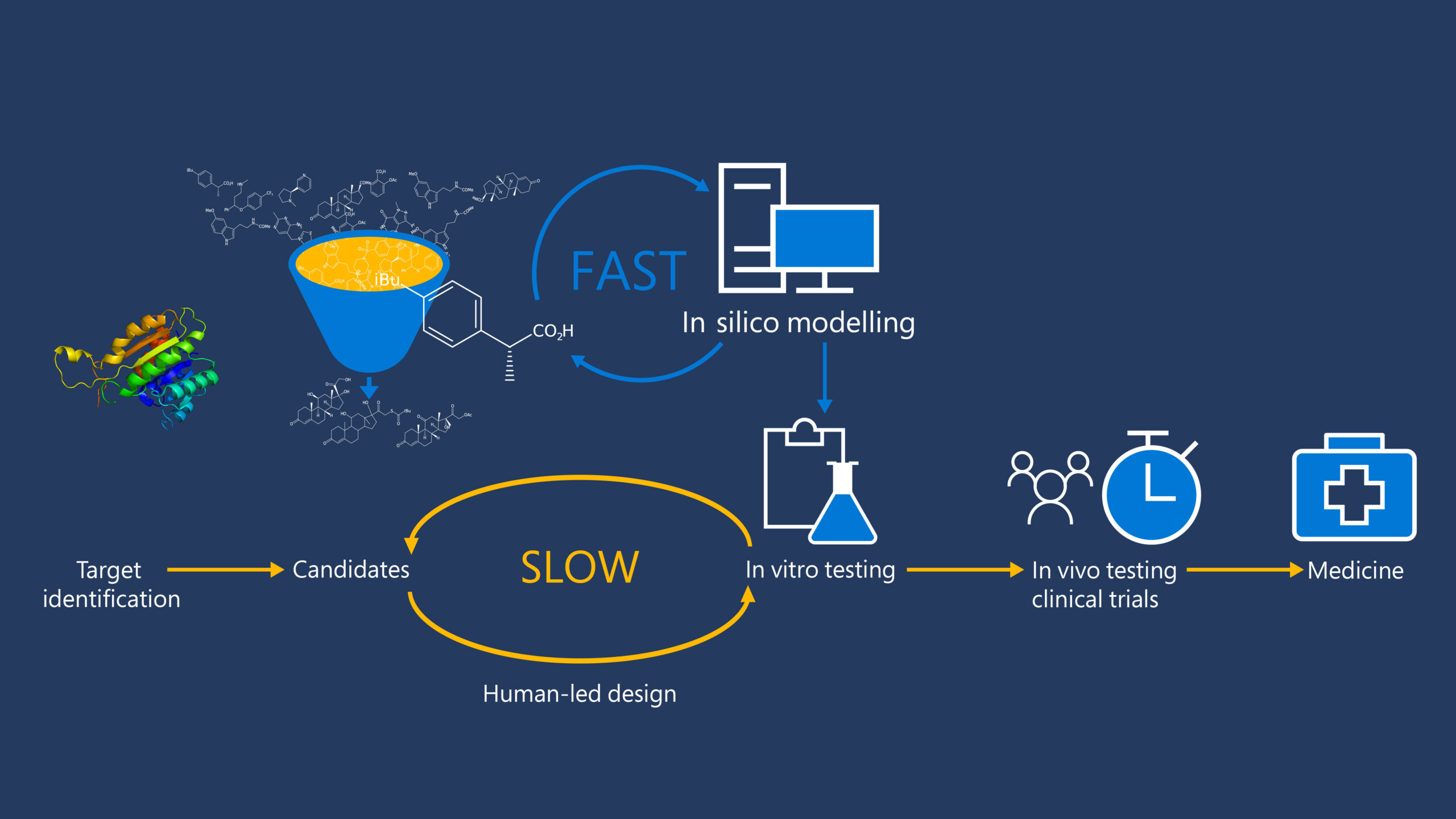 Figure 1: The role of computational modelling in the early-stage drug-discovery process. Following target identification and the screening of many molecules to identify possible candidates, the process of optimization can occur by human-led cycles of synthesis and testing in the laboratory. However, if computational modelling is used, most molecules are tested in silico, and it becomes necessary to synthesize and test only a small fraction of the candidate molecules. Just as with in vitro testing, in silico testing must be followed by clinical trials before the drug reaches the market.