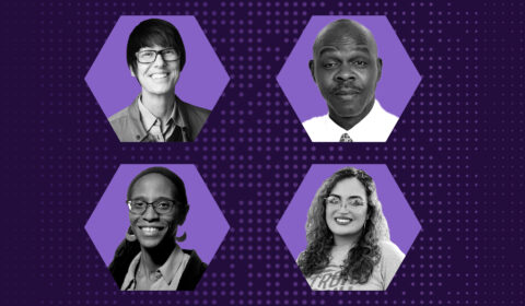 Headshots of podcast guests Tawanna Dillahunt, Zachary Rowe, Joanna Velazquez, and host Mary Gray in a two-by-two grid and set against a dark purple background. Each headshot is contained within a hexagon shape.