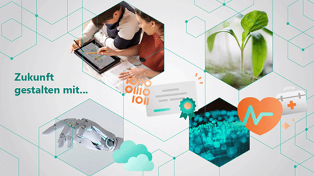 image of two people working on a tablet, a robotic hand, and a sprouted seedling with the words "Zukunft gestalten mit..." in green to the left