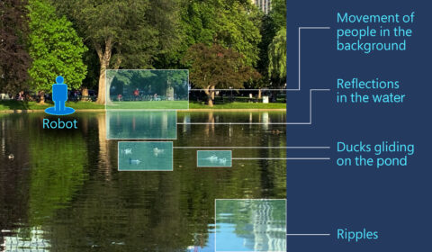 A view of a park with an agent walking along a trail. Sources of exogenous noise surround the agent, including ducks gliding on a pond, people in the background, and reflections on the water.