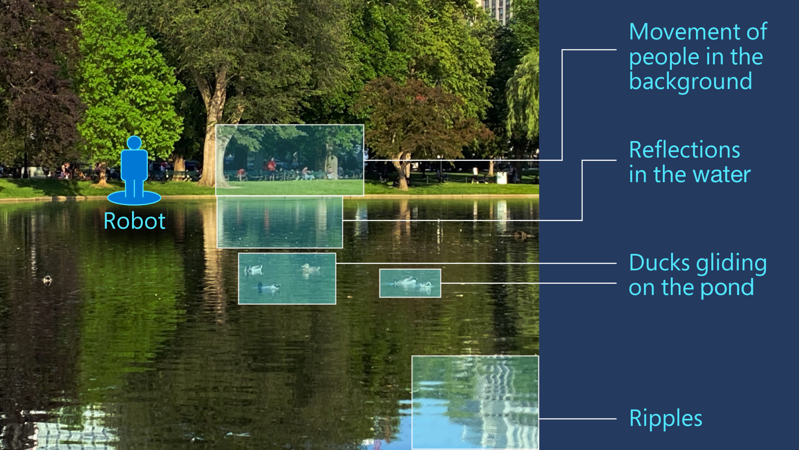 A view of a park with an agent walking along a trail. Sources of exogenous noise surround the agent, including ducks gliding on a pond, people in the background, and reflections on the water.