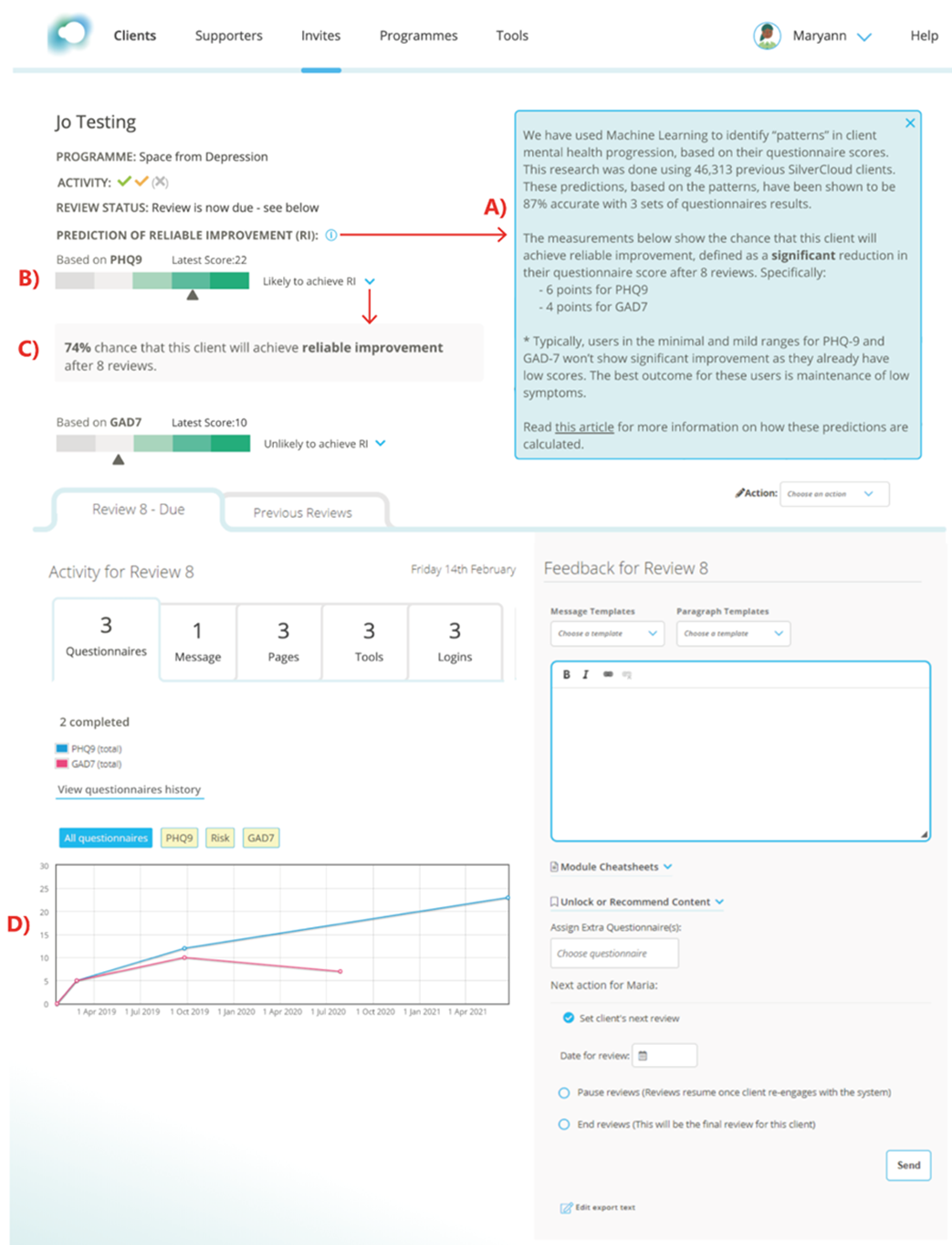 Screenshot of the supporter intervention management interface that shows at the top the patient status, including details on their assigned iCBT program and their level of active engagement with it. Embedded within the patient status are the reliable improvement prediction outputs for PHQ and GAD alongside means to extend the visual to access more details. Below the patient status are more detailed information about patient activity alongside a chart of the patients' PHQ and GAD score trajectories over time.