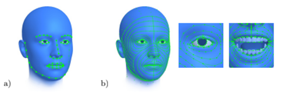 Image depicting two head models. The one on the left has the 68 commonly used facial landmarks identified along the jawline, eyebrows, eyes, nose, and mouth. The one on the right has 703 facial landmarks applied, covering the entire head in great detail.