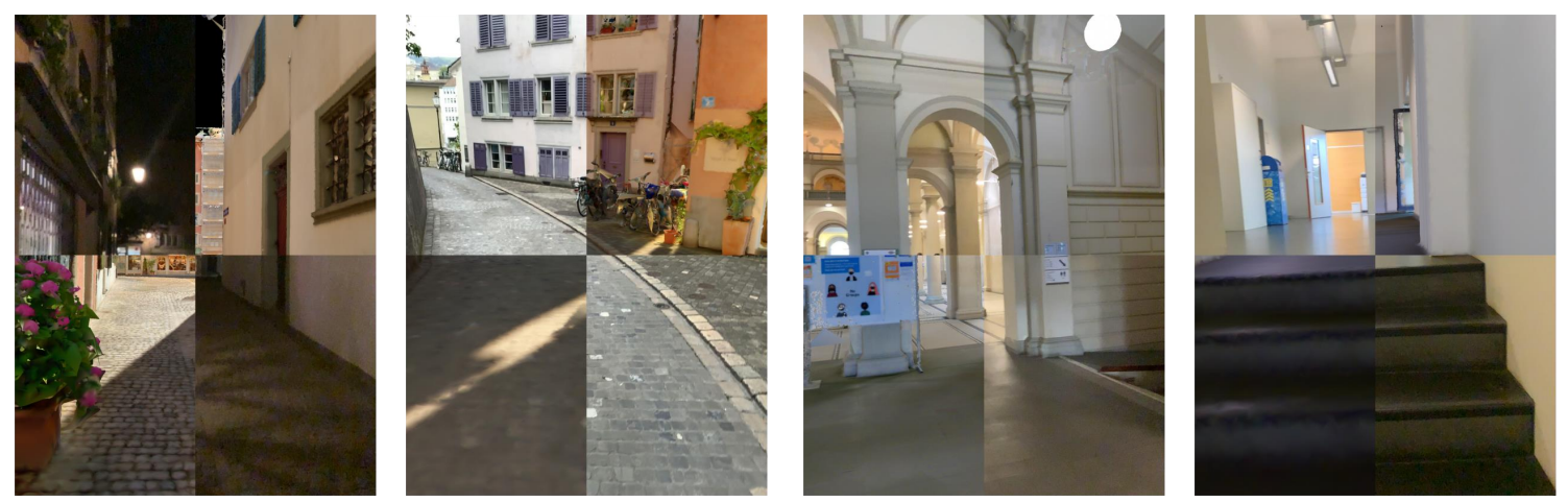 Four images, each divided into four parts. The top-right and bottom-left parts show the reference 3D model of the environment rendered from an estimated ground-truth pose and overlayed with the image captured using the AR device. The top-left and bottom-right show pixel-level accuracy of the alignment.