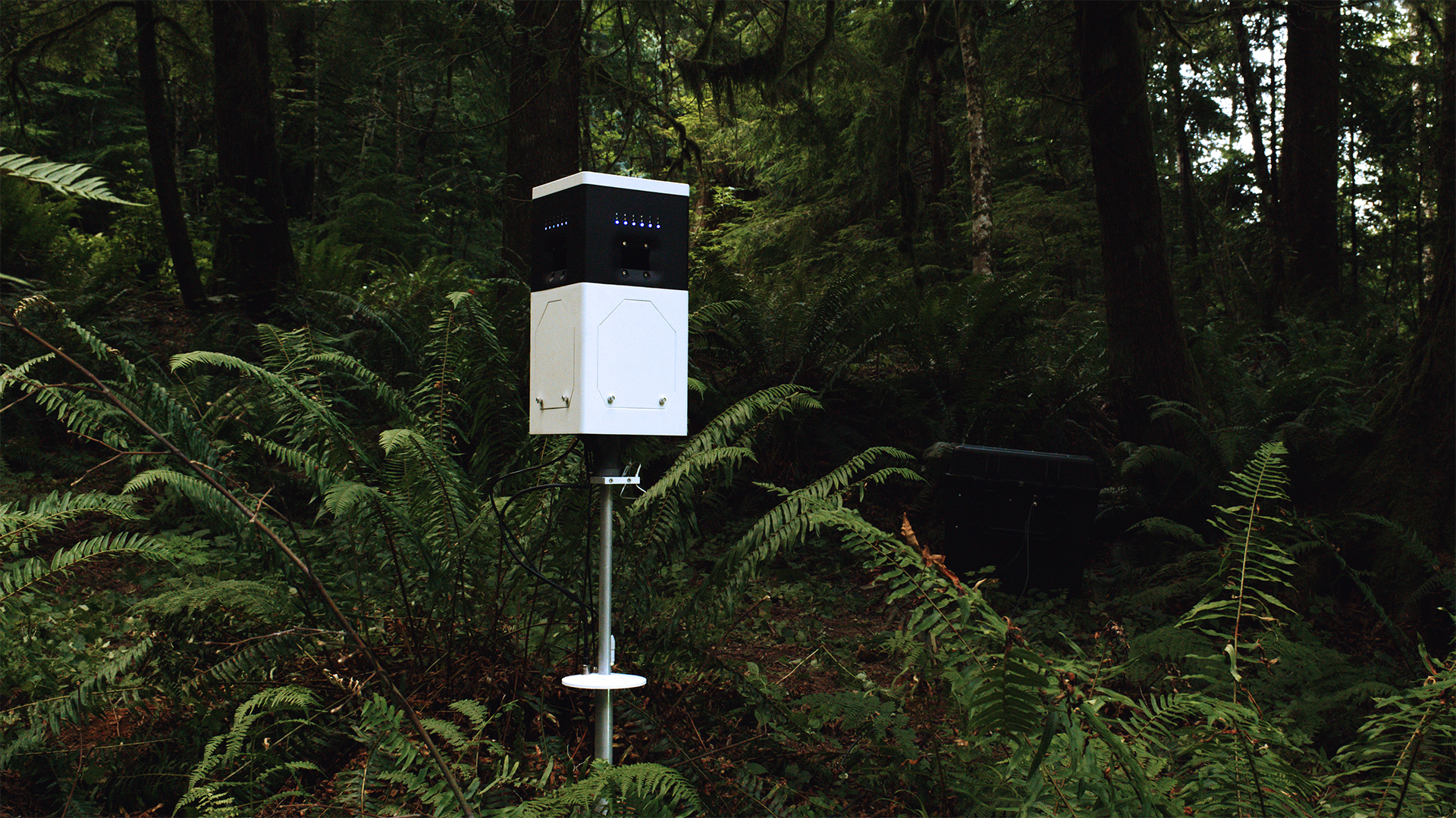 photo of a biological weather station in a forested area