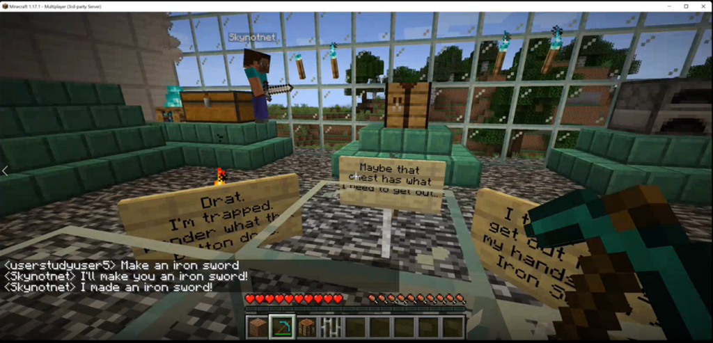 Figure 2: A Minecraft player instructing the NPC to make an iron sword.