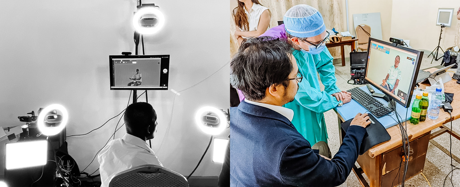 Two pictures captured at the Telemedicine rig in Accra. The first photo depicts a male black patient seated inside the rig, with multiple Azure Kinect cameras positioned around him. He is engaged in a conversation with a doctor standing beside him. In the second photo, two male doctors are seen focused on a monitor displaying a 3D model of a patient. One doctor in surgical attire is observing the screen, while the other in street clothes is seated in a chair, manipulating the system interface. 
