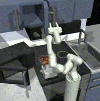 A short clip showing a robotic arm interacting with a kitchen environment performing a specific task.