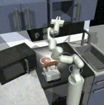 A short clip showing a robotic arm interacting with a kitchen environment performing a specific task.