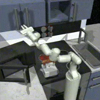 A short clip showing a robotic arm interacting with a kitchen environment performing a specific task.