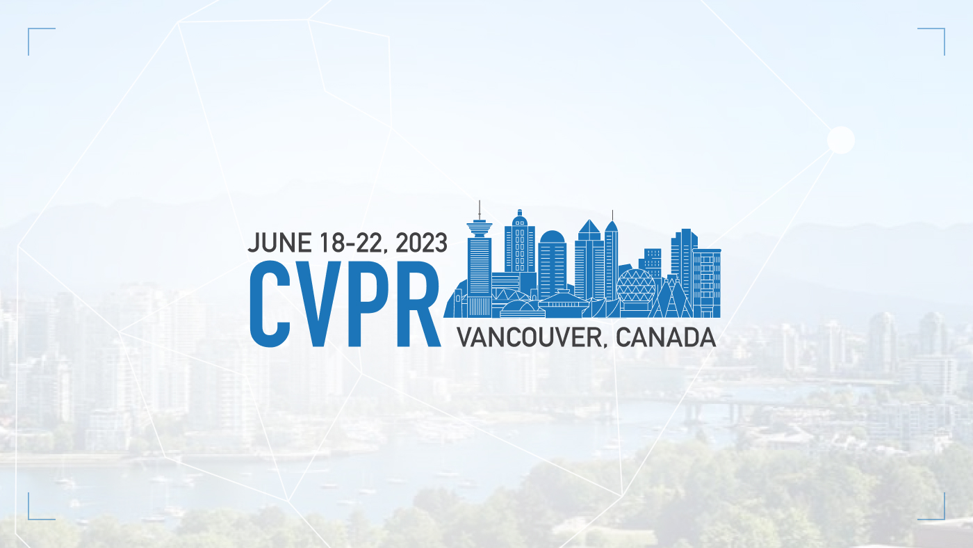 Logo for the CVPR 2023 conference showing the Vancouver, British Columbia skyline with the conference dates, June 18–23, 2023. In the background, there is a faded photo of the city of Vancouver on a sunny day.