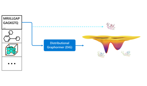 A schematic diagram illustrating the goal of Distributional Graphormer (DiG). A molecular system is represented by a basic descriptor D, such as the amino acid sequence for a protein. DiG transforms D into a structural ensemble S, which consists of multiple possible conformations and their probabilities. S is expected to follow the equilibrium distribution of the molecular system. A legend shows a example of D and S for Adenylate kinase protein.