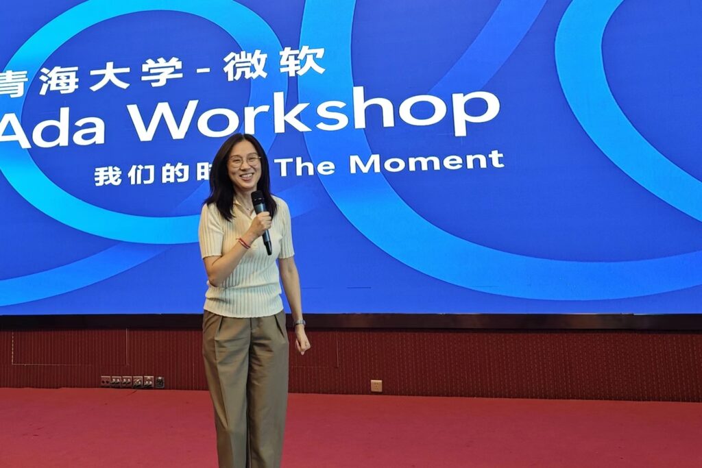 a woman giving a talk