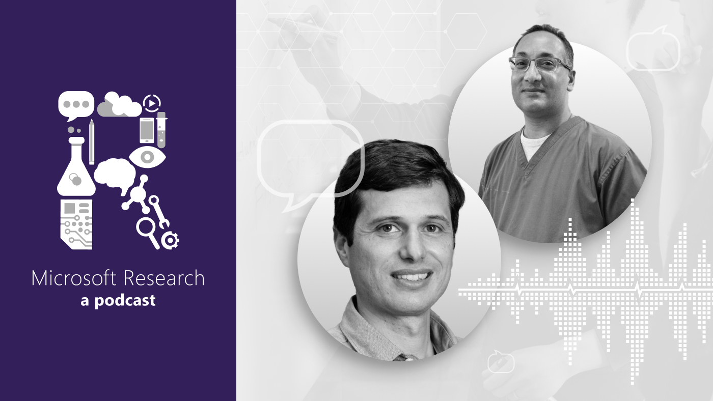 black and white photos of Microsoft Health Futures’ Senior Director Javier Alvarez and Dr. Raj Jena, a radiation oncologist at Addenbrooke’s hospital, next to the Microsoft Research Podcast