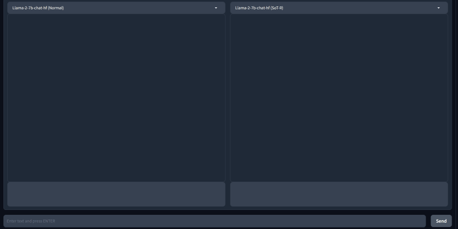 SoT - Figure 1: A screen recording of the demo of the normal sequential decoding approach and the Skeleton-of-Thought approach on answering the question “How can I improve my time management techniques?”.  The left figure shows the generation process of normal sequential decoding, where the answers are generated word-by-word and. The right figure shows the generation process of Skeleton-of-Thought, where multiple points in the answer are generated in parallel and is therefore faster. After the generation of both methods is done, the generation time of both methods is displayed, which suggests that Skeleton-of-Thought provides 3.72x speed-up.