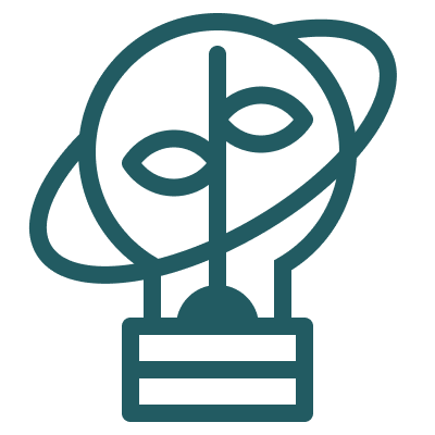 dark green icon of a lightbulb with a plant growing inside and a ring around the lightbulb