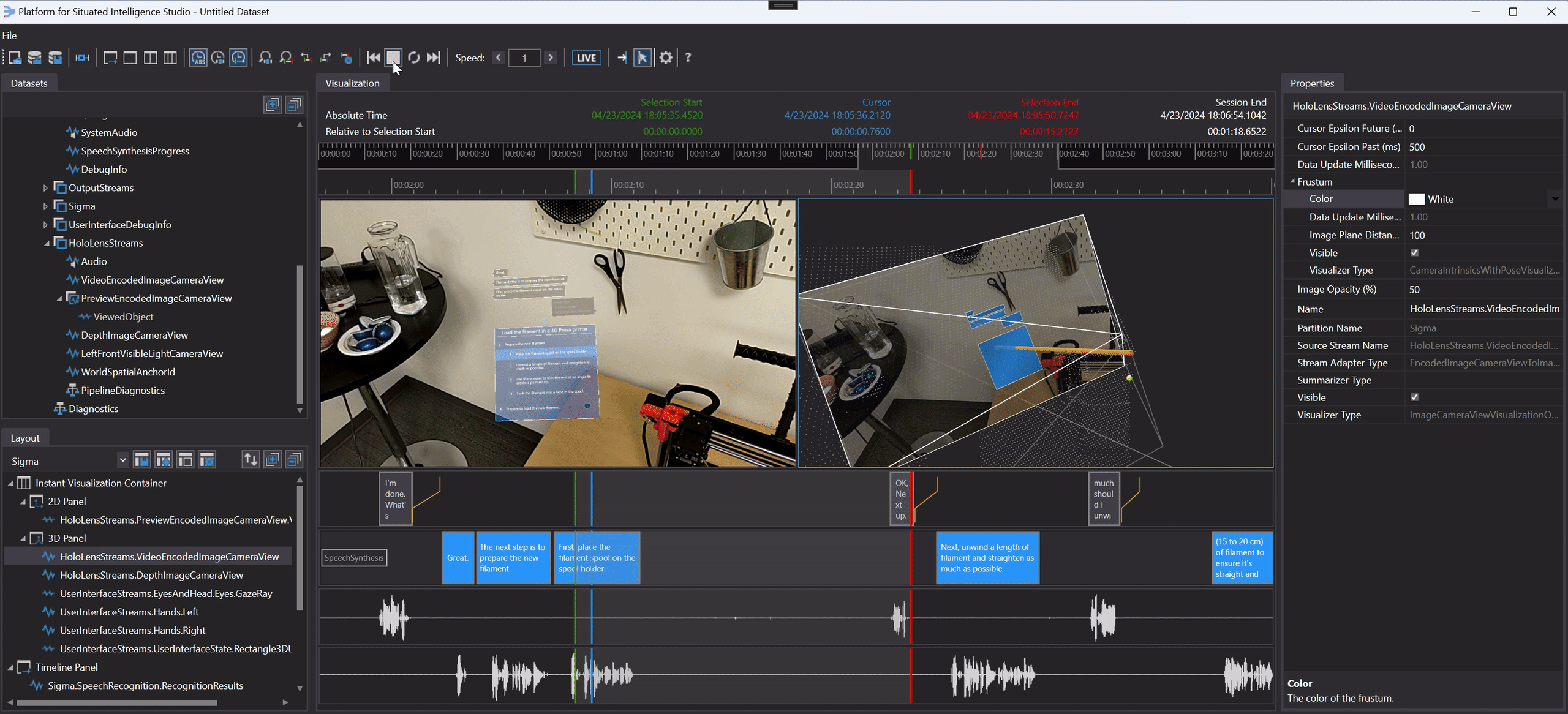 An animated gif depicting the Platform for Situated Intelligence Studio visualization tool. Various 2D, 3D, and timeline streams are shown over a 10-second clip of a user interacting with SIGMA, such as the egocentric camera view, depth map, head pose, audio, speech recognition results, etc.
