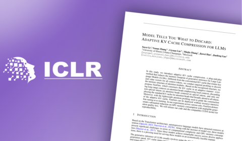 White ICLR logo to the left of the first page of the accepted paper, “Model Tells You What to Discard: Adaptive KV Cache Compression for LLMs” on a purple background.