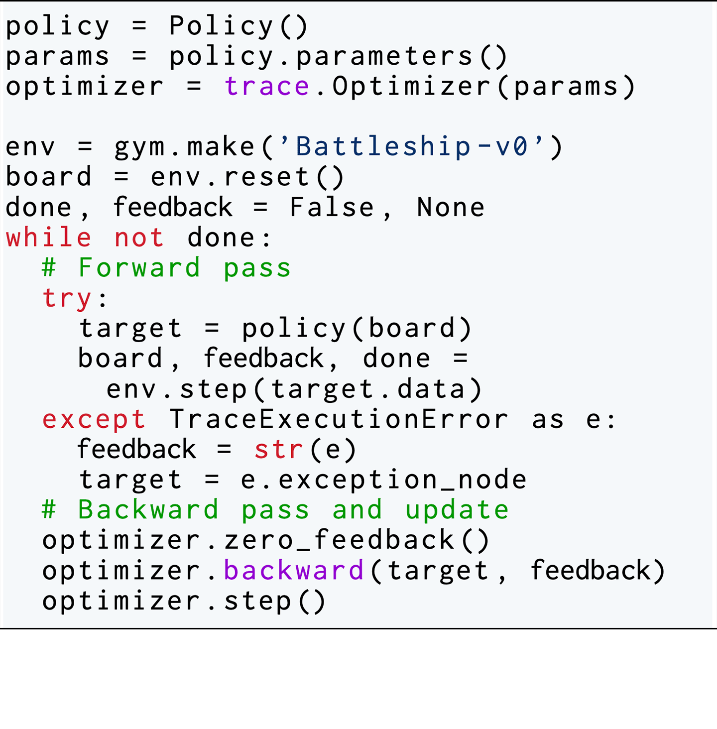 The agent’s policy is optimized by a simple but generic training loop, which mimics neural network training. First the agent’s policy and an iterative optimizer for it are declared. In each iteration, the agent’s policy takes a board configuration as input and outputs a target location. The environment returns feedback on whether the target successfully hits a ship or not. Alternatively, when the agent’s policy triggers any execution error, the error is used as feedback. Then the feedback is propagated to the parameters in the trainable policy for updates.