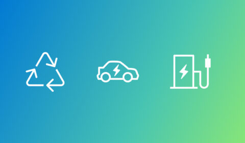 MSRA - Nissan | data driven model improves accuracy in predicting ev battery degradation | graphic with white icons symbolizing renewable electric energy on a blue and green gradient background