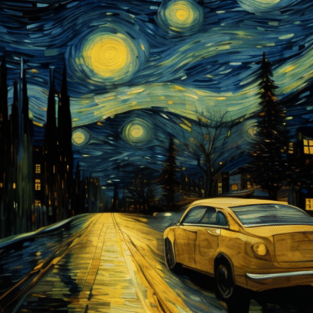 MicroCinema animation: yellow taxi driving down a dark street with 
