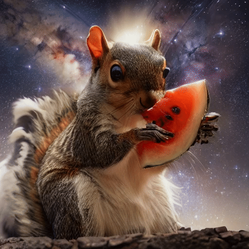 MicroCinema animation: a squirrel eating watermelon in front of a starry background