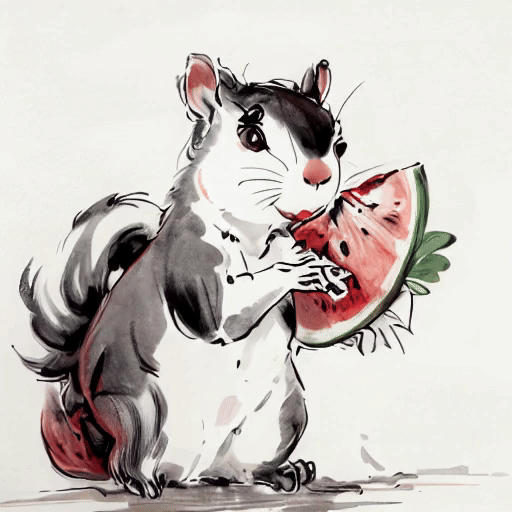 MicroCinema animation: a watercolor squirrel eating watermelon