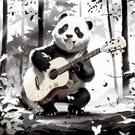MicroCinema animation: panda playing guitar in black and white cartoon style