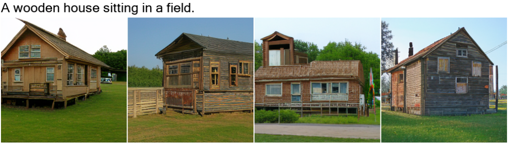 图3:文本到图像任务。例如,给定文本“A wooden house sitting in a field”(一个小木屋坐落在田野间)。NÜWA 创作了4种不同拍摄角度的小木屋,这些小木屋不仅朝向风格多样、而且真实性很好。