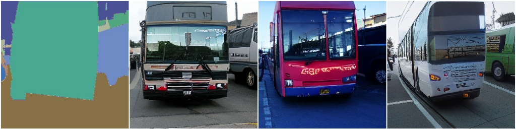 图4:草图到图像任务。例如,给定一张公共汽车的草图(第一行第一列),NÜWA 创作了3种满足草图形状和位置的图像,包括窗户的反光也清晰可见。