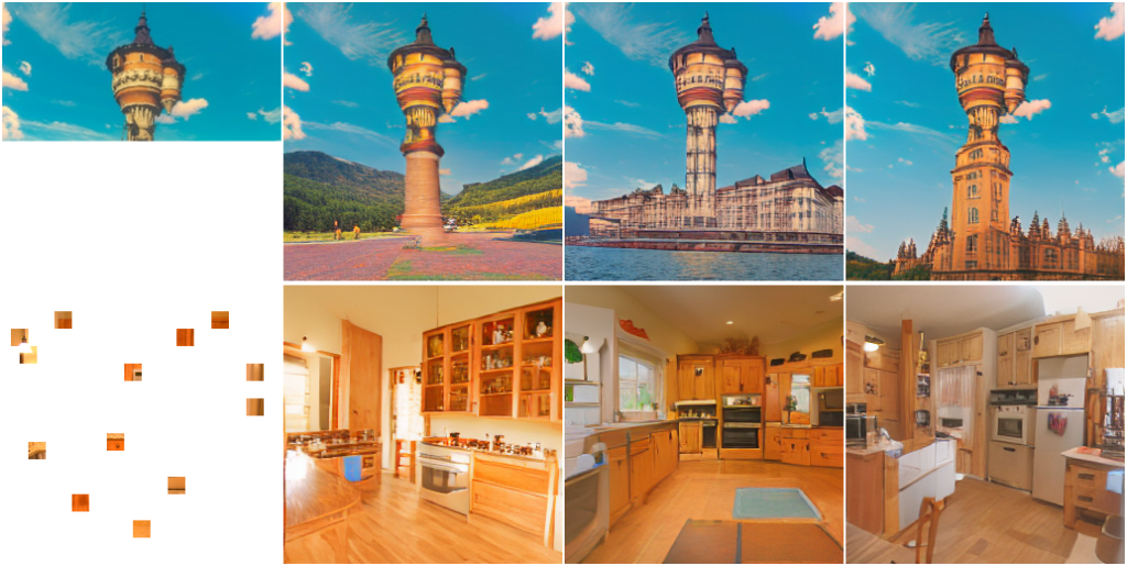 图5:图像补全任务。例如第1行,输入上方的塔尖(50%的原图),NÜWA 可以补全出塔下方的样子,圆柱甚至屋顶。对于第2行,当仅仅给5%的图像区域时,NÜWA 依然可以做到图像补全。