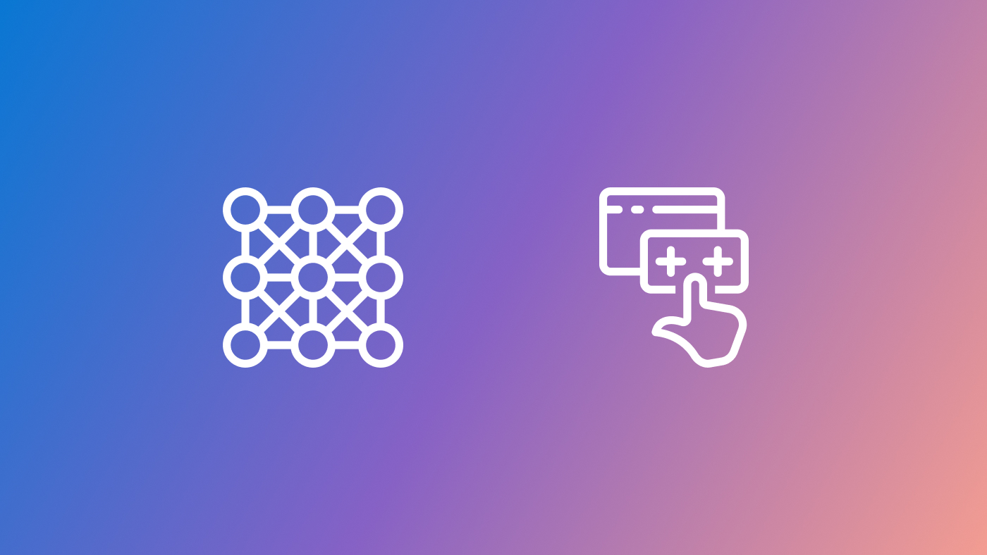 white outline icons (representing AI and human computer interaction) on a blue to purple to pink gradient background.