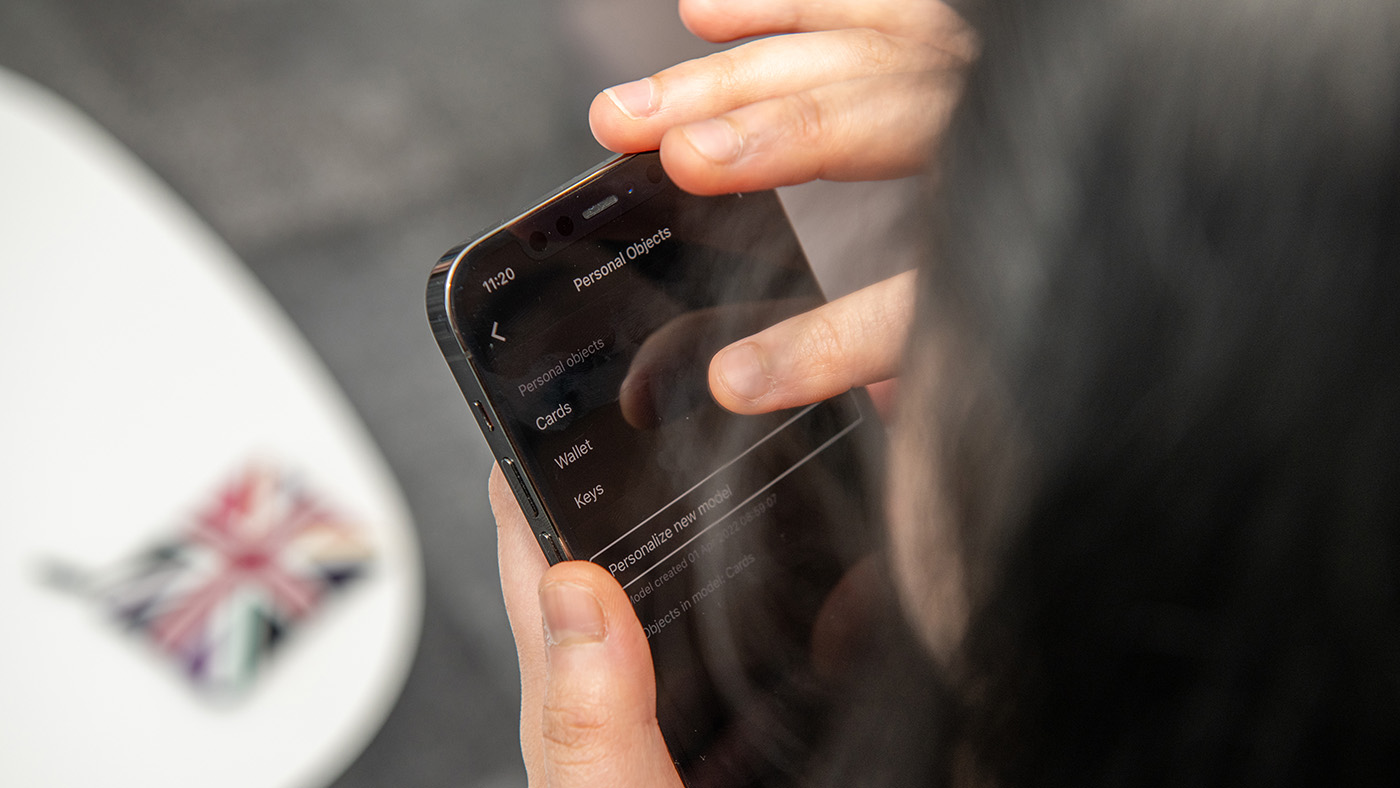 Find My Things - close up of the Personal Objects screen on a mobile device; objects listed include: Cards, Wallet, Keys; Below the list