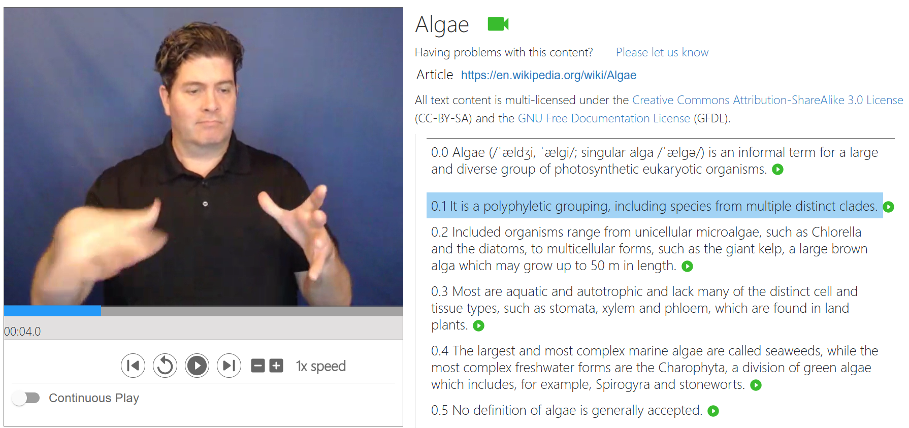 Screenshot of a web interface showing an ASL interpreter on the left, and an article on the right segmented by sentence. One particular sentence is highlighted, and the signer is frozen.