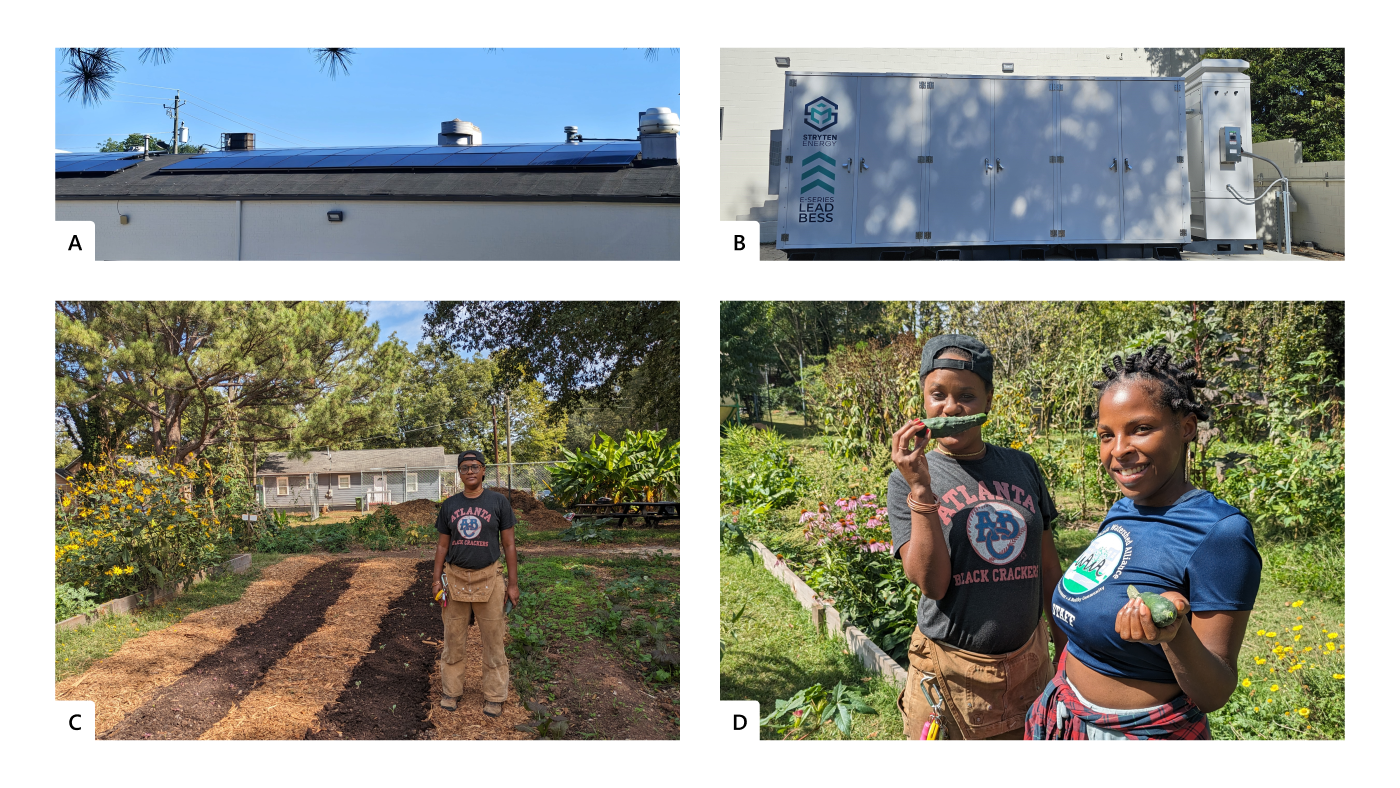 Figure 3 (A) and 3 (B) shows pictures of the VCC resilience hub, with solar panels and batteries for energy storage
Figure 3 (C) and 3 (D) shows pictures of the community farm, and volunteers at WAWA, a key center to support the future of community agriculture to be supported by the microgrid