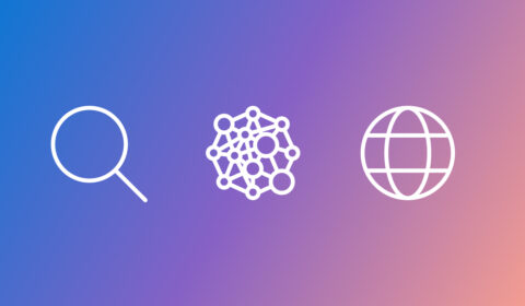 Three icons that represent (left to right) search, GraphRAG, and the globe.