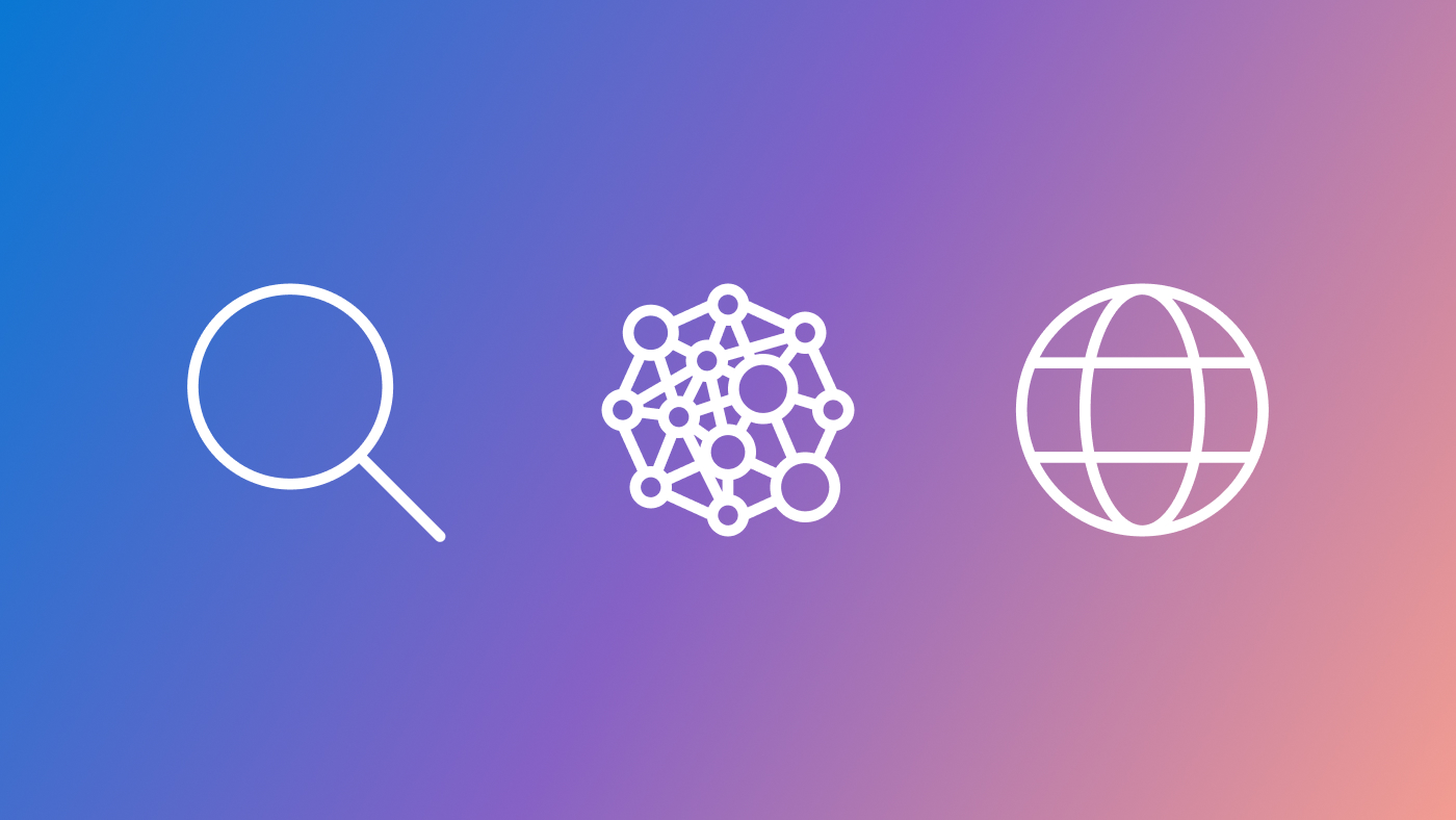 Three icons that represent (left to right) search, GraphRAG, and the globe.