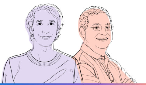 Outlined illustrations of Chris Hawblitzel and Jay Lorch for the Microsoft Research Podcast, Abstracts series.