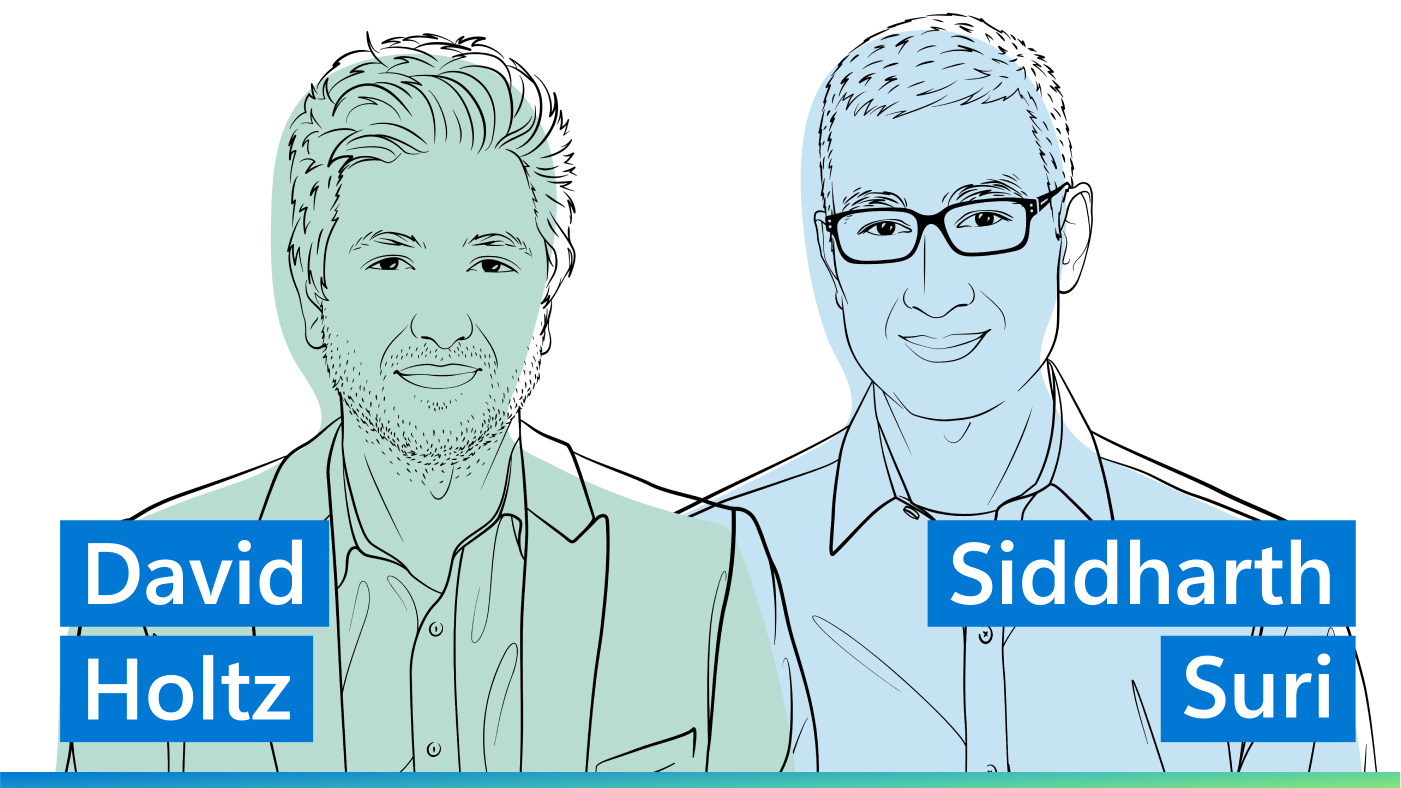 Illustrated images of Siddharth Suri and David Holtz. “Collaborators: A Microsoft Research Podcast” runs along the bottom.