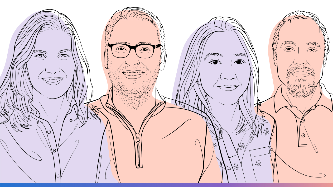 Outlined illustrations of Karin Strauss, Jake Smith, Bichlien Nguyen, and Sergey Yekhanin for the Microsoft Research Podcast, Ideas series.