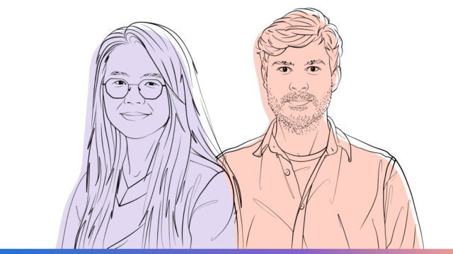 Outlined illustrations of Shan Lu and Bogdan Stoica for the Microsoft Research Podcast.