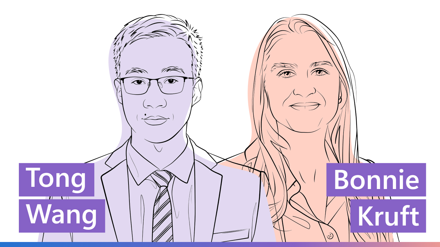 Outlined illustrations of Tong Wang and Bonnie Kruft for the Microsoft Research Podcast, Abstracts series.
