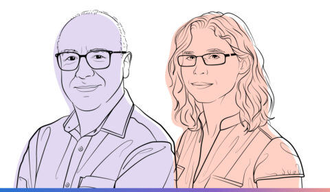 Illustrated headshots of Chris Bishop and Eliza Strickland