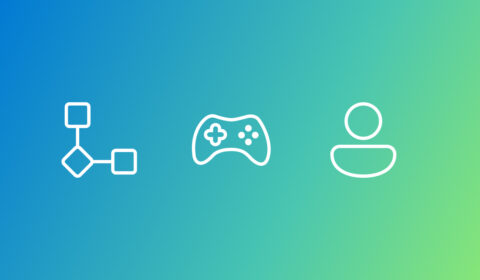 Three white gaming icons on a green and blue gradient background.