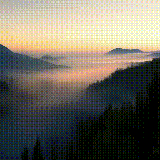 ARLON 根据文案 “Misty mountains at sunrise, with the sun casting a warm glow…… ” 生成的短视频（2s）