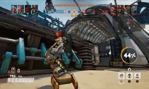10 seconds video generated by Muse. The character Gizmo from the game Bleeding edge is moving forward on a hoverboard towards a group of enemies.