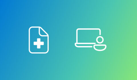 white line icon of a medical paper and of a computer with a person in front of it on a blue and green gradient background