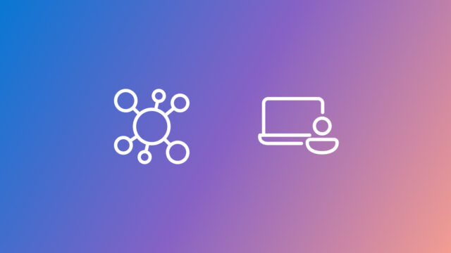 Gradient background transitioning from blue to pink with two white icons. The left icon depicts a network or molecule structure with interconnected nodes, and the right icon shows a laptop.