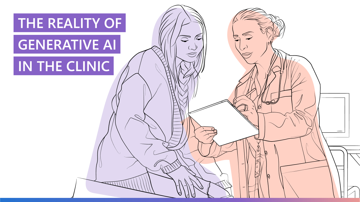 AI Revolution podcast | Episode 1 - The reality of generative AI in the clinic | outline illustration of a doctor and a patient looking at a chart
