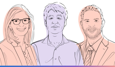 AI Revolution podcast | Episode 1 - The reality of generative AI in the clinic | outline illustration of Dr. Sara Murray, Peter Lee, Dr. Christopher Longhurst